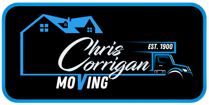 Logo for "Chris Corrigan Moving," featuring a house silhouette and a moving truck with "Est. 1900" in the top right corner, with "Chris Corrigan Moving" as the main header.