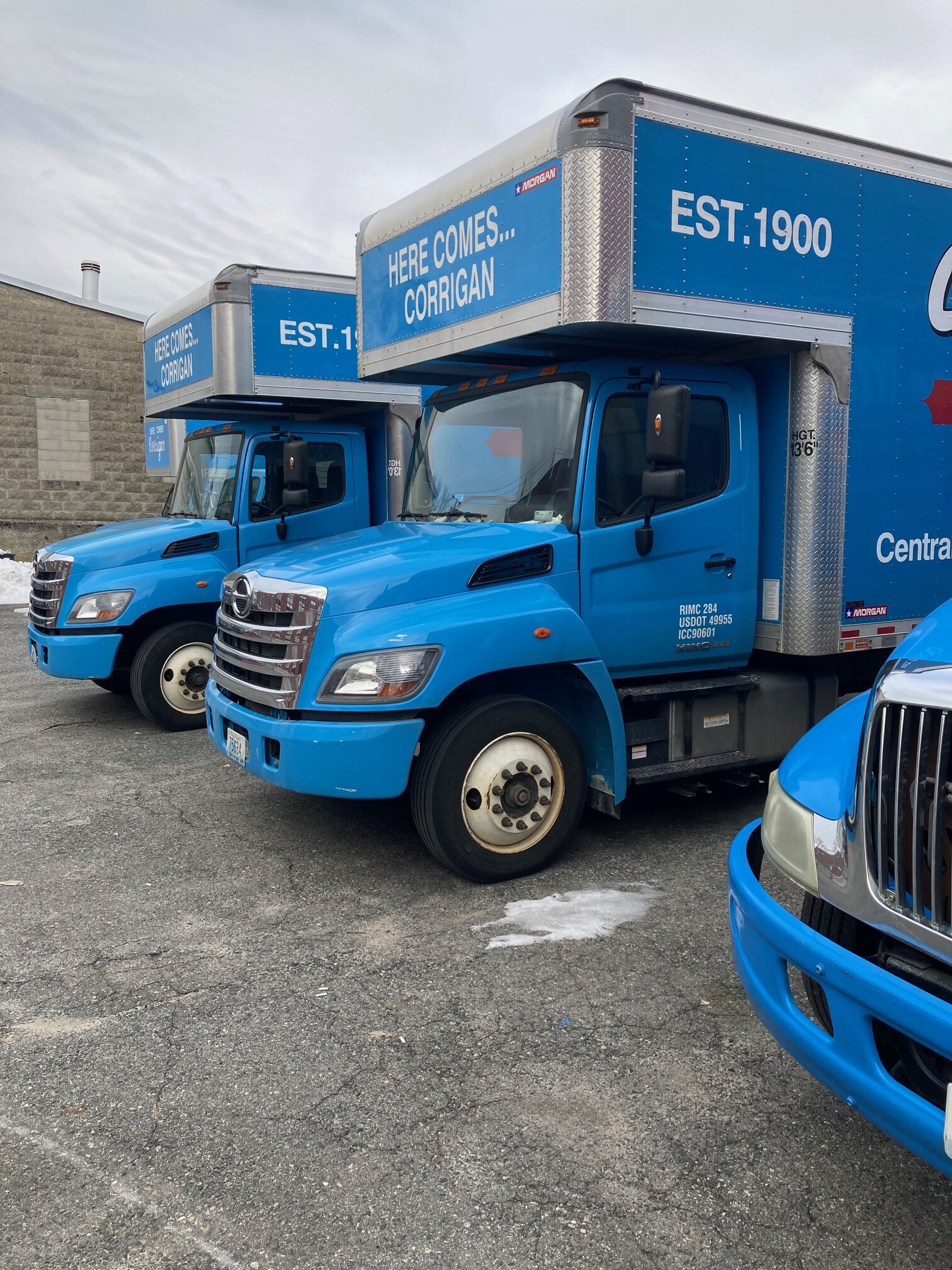 Three moving trucks parked in a parking lot.