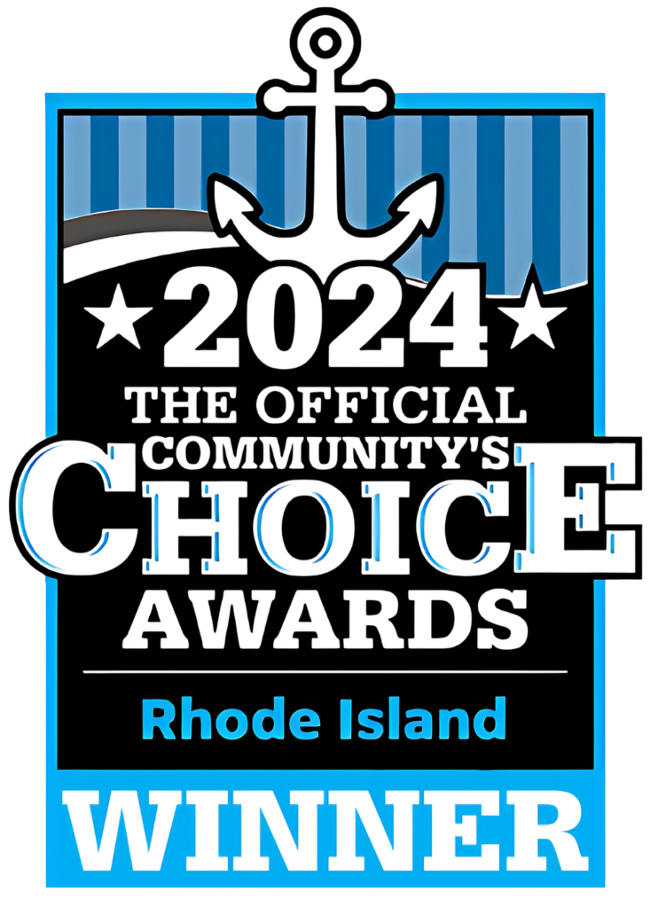 The image features a badge stating "2024 The Official Community's Choice Awards Rhode Island Winner" with an anchor motif on a blue background, celebrating Rhode Island as the official home of community excellence.