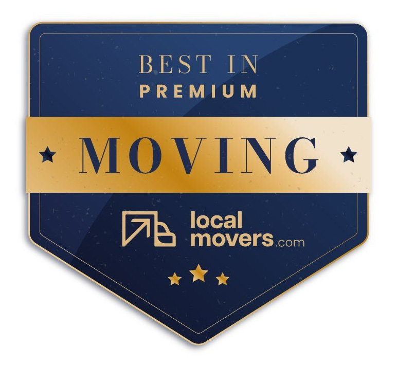 Navy blue and gold badge with text: "Best in Premium Moving," and "localmovers.com" featuring a white arrow logo and three stars at the bottom, ideal for your home moving needs.